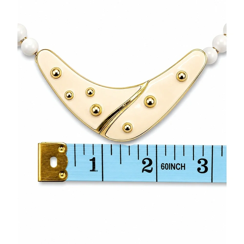 Vintage White Beaded Enamel Statement Necklace – Gold Tone Modernist Pendant